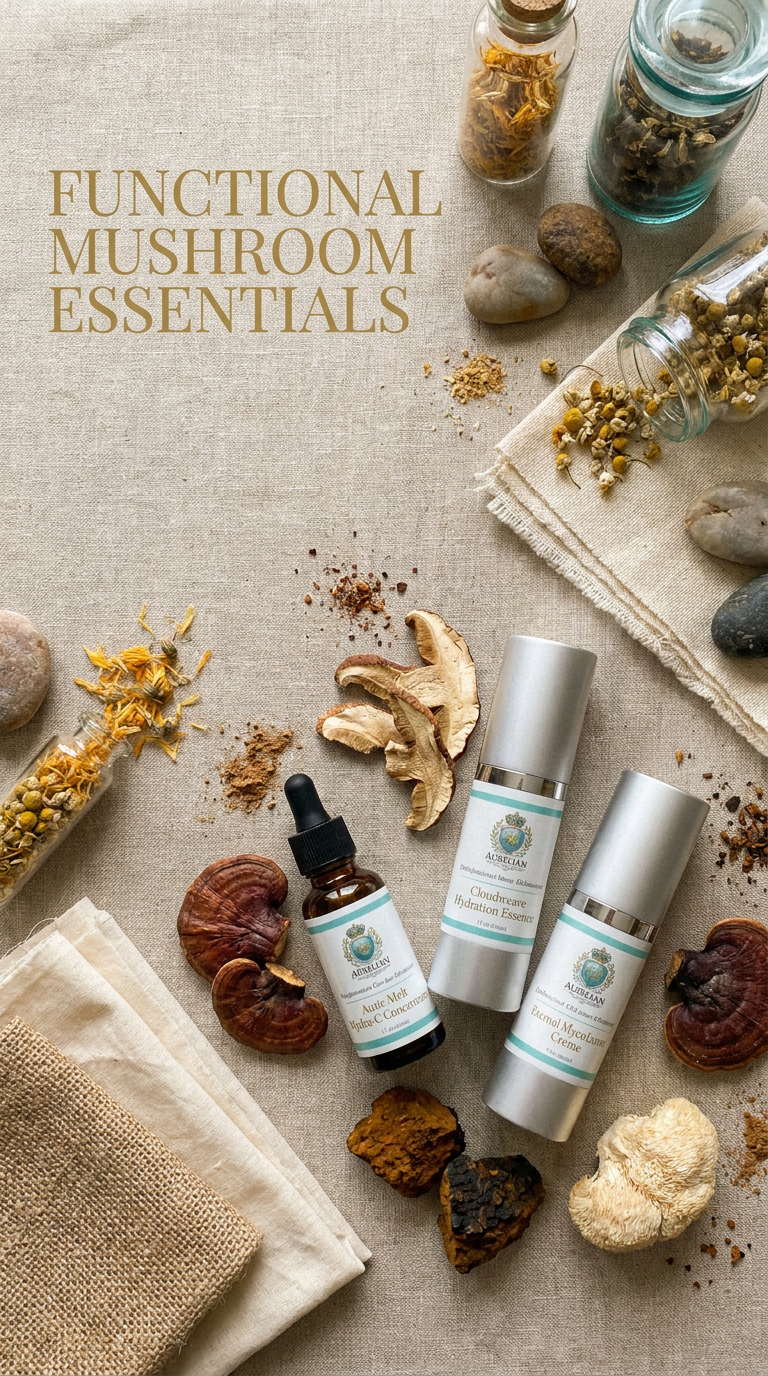 Functional mushroom products including bottles and a dropper on a textured surface with dried mushrooms and stones.