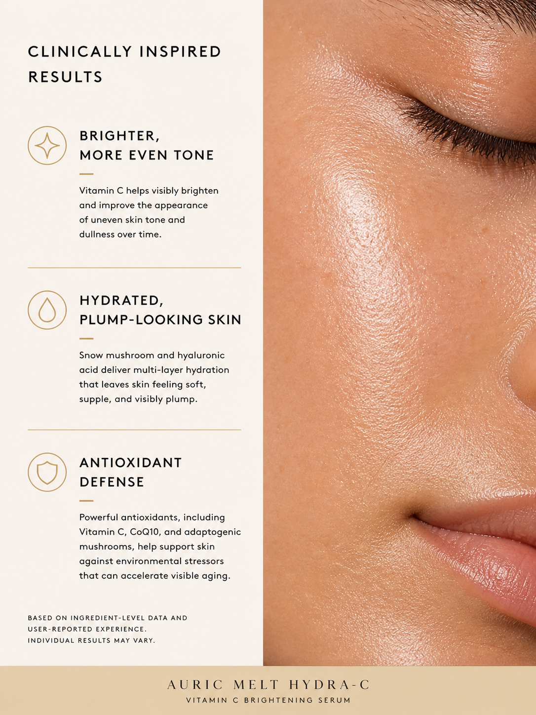Close-up of skin texture with text detailing clinical benefits of a Vitamin C serum on the left.