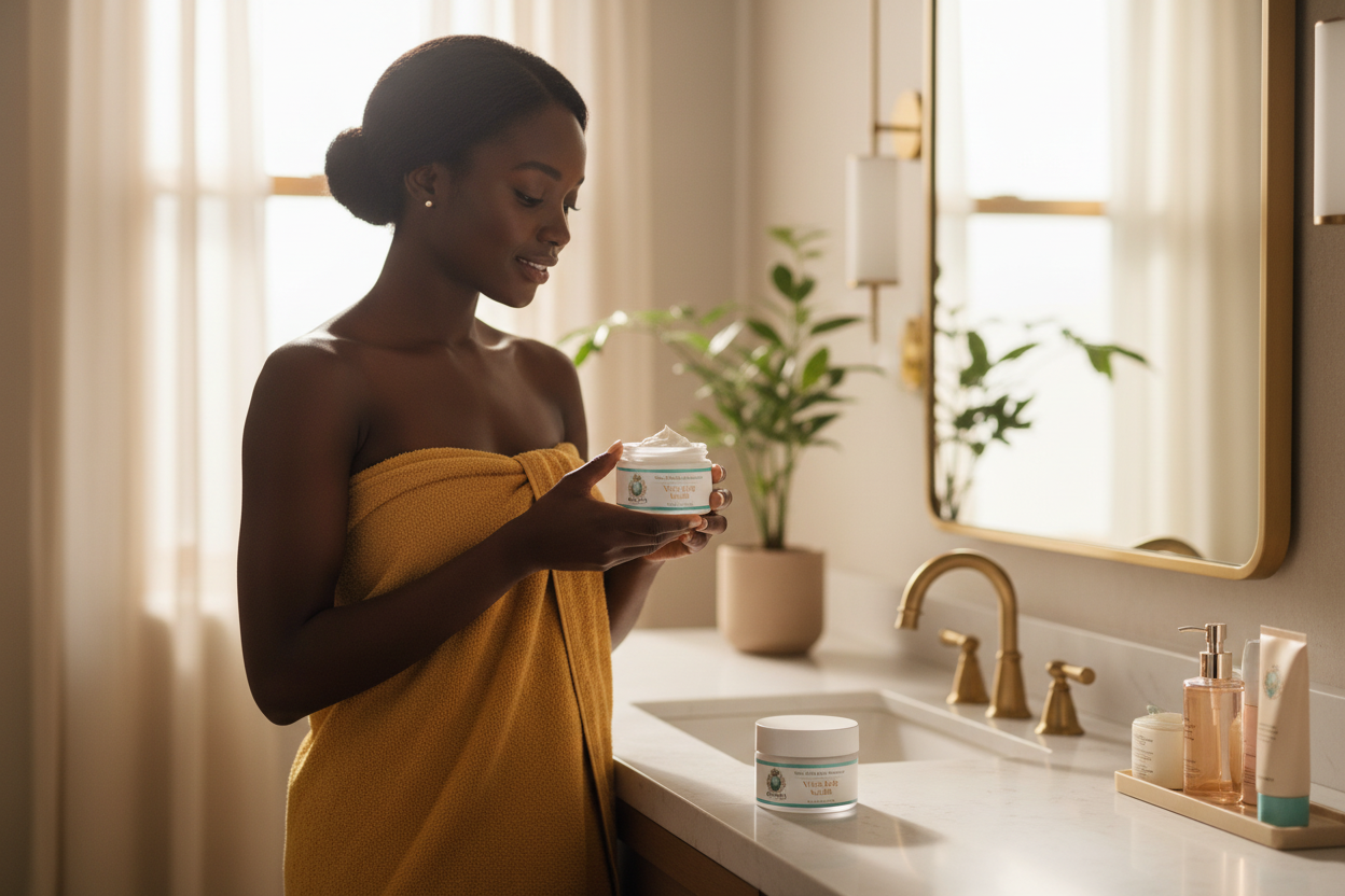 Aurelian House Velvet Body Soufflé luxury bathroom lifestyle image with woman holding the product