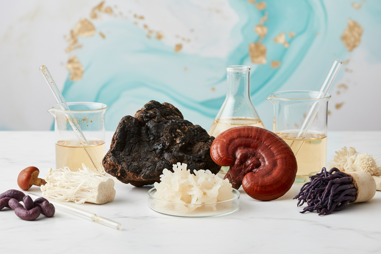 Aurelian House Auric Melt and Cloudweave Hydration Essence with apothecary vessels, honeycomb, dried mushrooms and botanicals — the science of bio-fermented skincare actives