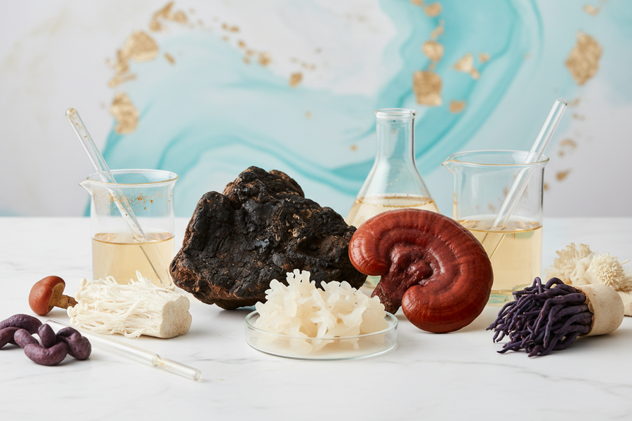 Aurelian House Auric Melt and Cloudweave Hydration Essence with apothecary vessels, honeycomb, dried mushrooms and botanicals — the science of bio-fermented skincare actives