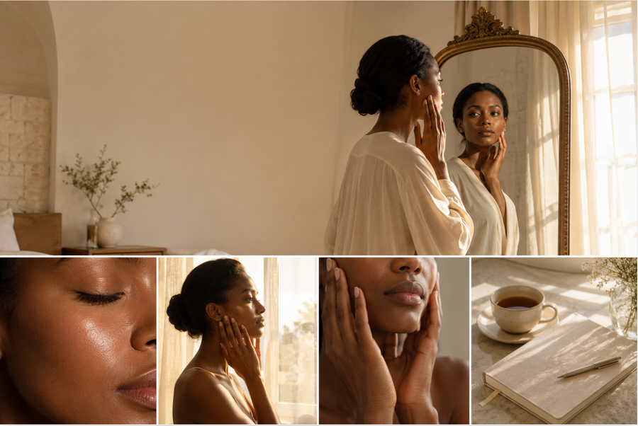 Woman in cream robe examining her skin in a gold-framed mirror, surrounded by soft morning light — a ritual of mindful skin observation