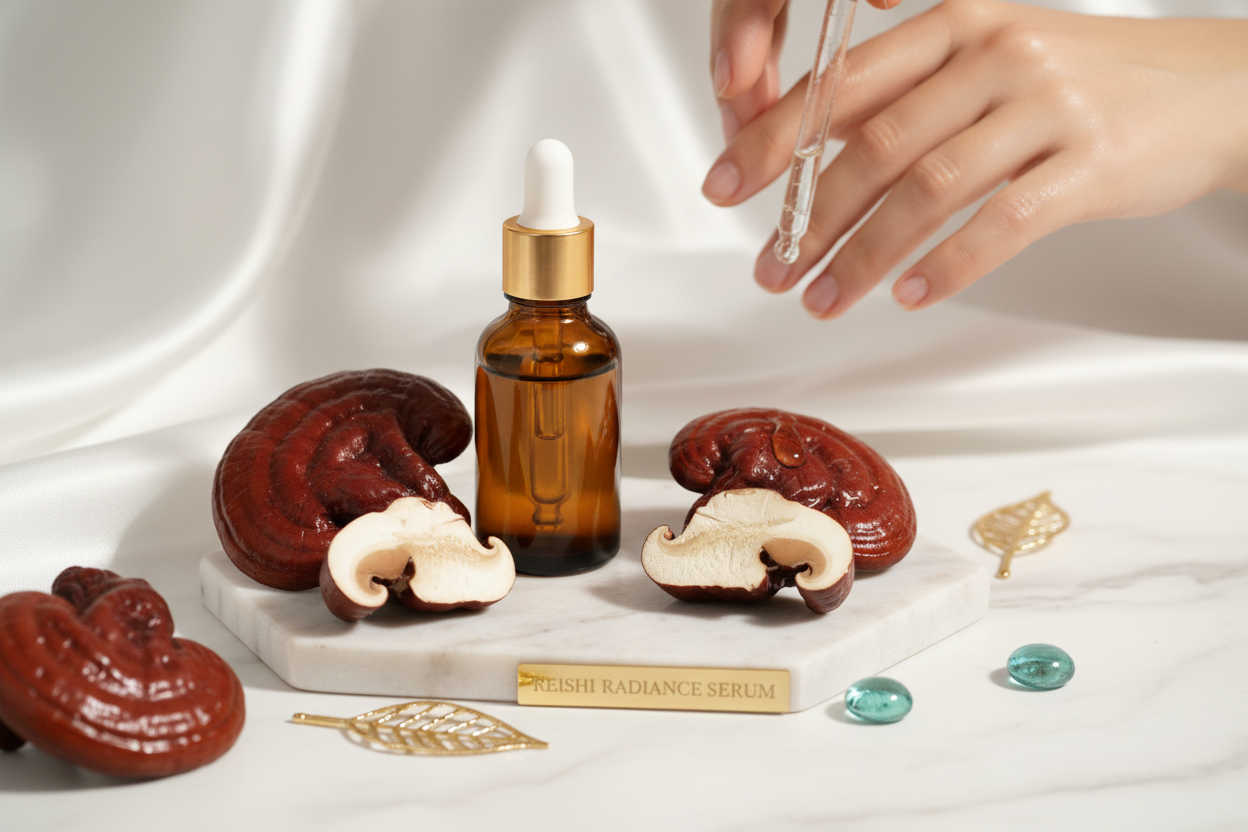 Fresh reishi mushrooms with Aurelian House Eternal MycoLume Crème and Nocturne Renewal Crème on white marble — ancient mushroom wisdom meets modern luxury skincare
