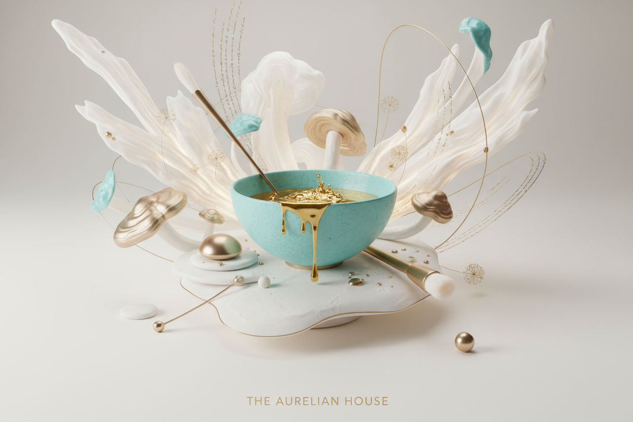 All five Aurelian House products — Auric Melt, Cloudweave, Eternal MycoLume Crème, Nocturne Renewal Crème and Velvet Body Soufflé — arranged as a complete luxury skincare ritual on white marble with white roses and gold accents