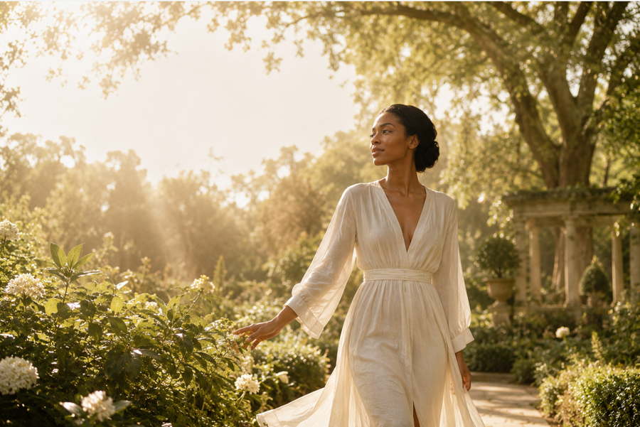 Woman in flowing cream dress walking through a sunlit garden, gently touching white blooms — embodying the philosophy of caring for skin with intention and grace