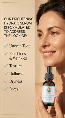 Woman holding a bottle of Vitamin C Serum with text about product benefits.