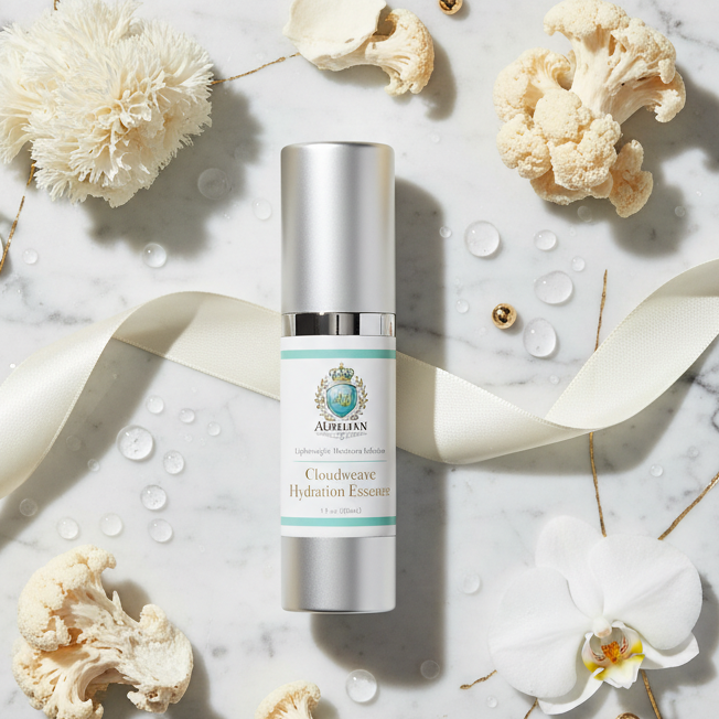 Cloudweave Hydration Essence snow mushroom toner flat lay by The Aurelian House
