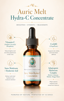 Auric Melt Hydra-C Concentrate Vitamin C Serum bottle with educational